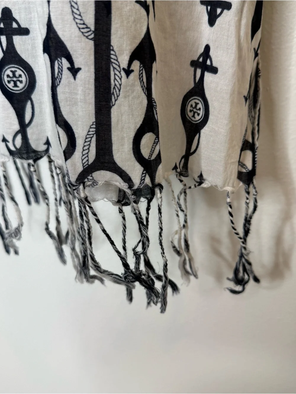 Tory Burch seafaring scarf white and navy nautical anchor pattern fringed edges